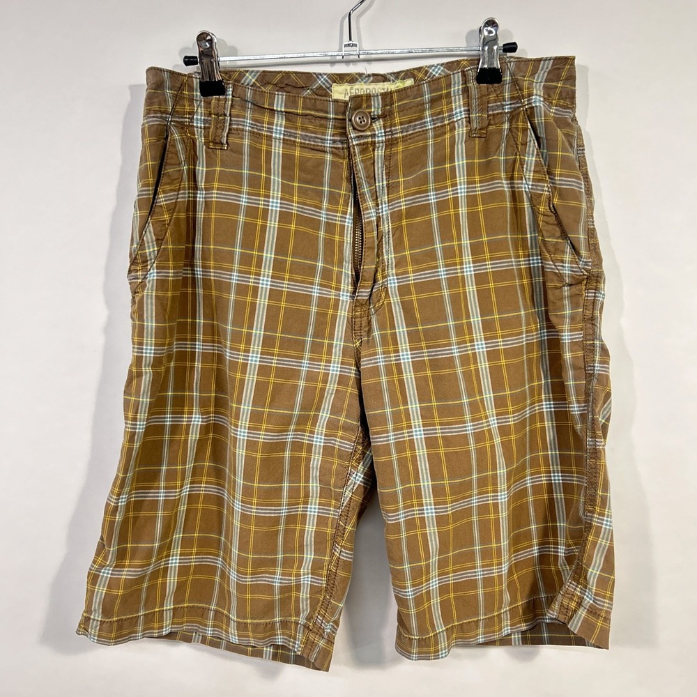 Aeropostale Mens Plaid Shorts 31 Brown Yellow Blue Y2K 2000 Skater Preppy